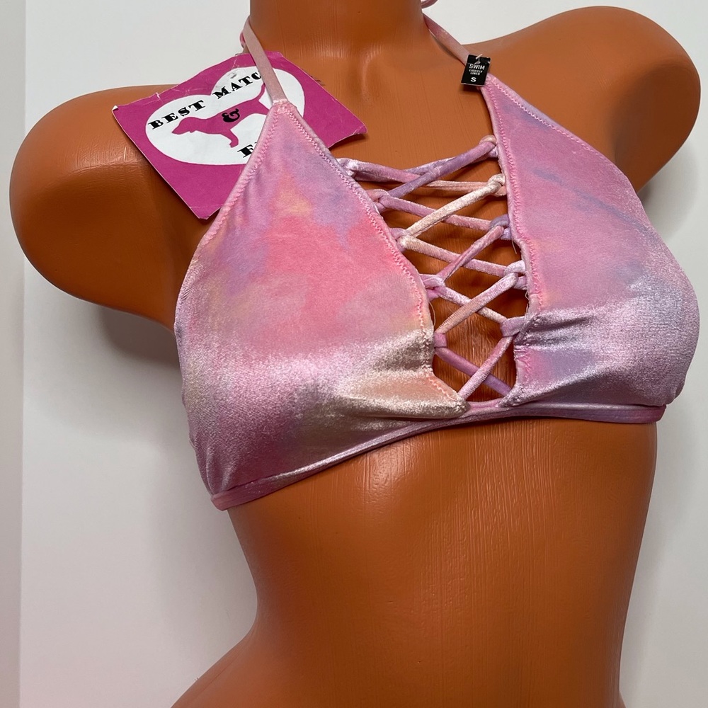 Victoria’s Secret PINK S Logo Bathing Suit Top Strappy Velvet Cut Out Caged